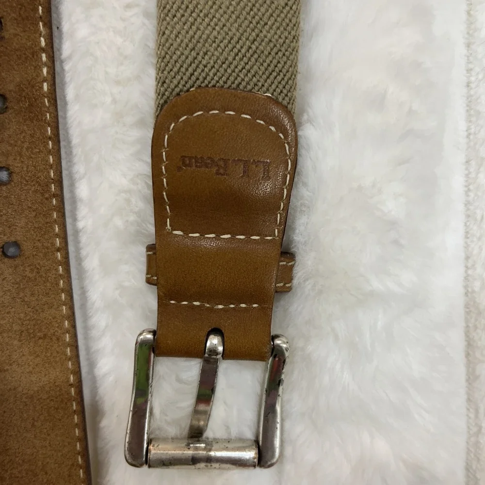L.L. Bean‎ Stretch Canvas Belt Mens 46 Brown Leather Trim Khaki Woven Excellent